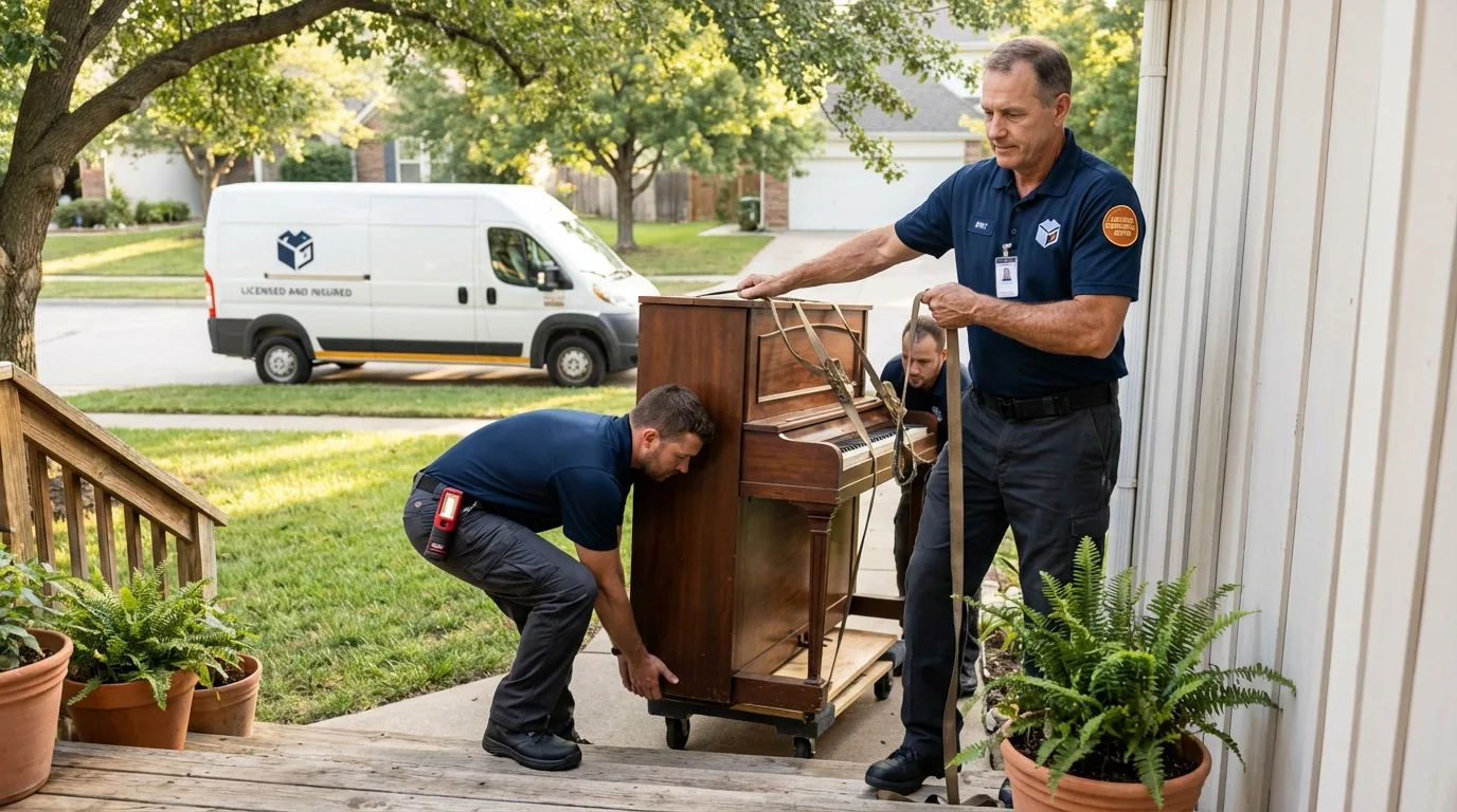 Licensed piano movers securing grand piano in Vernon Hills, IL