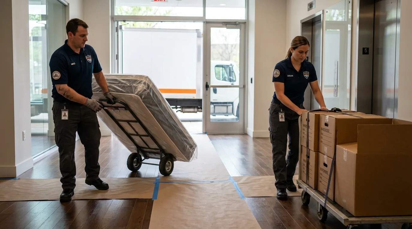 Professional apartment movers loading elevator in Vernon Hills, IL