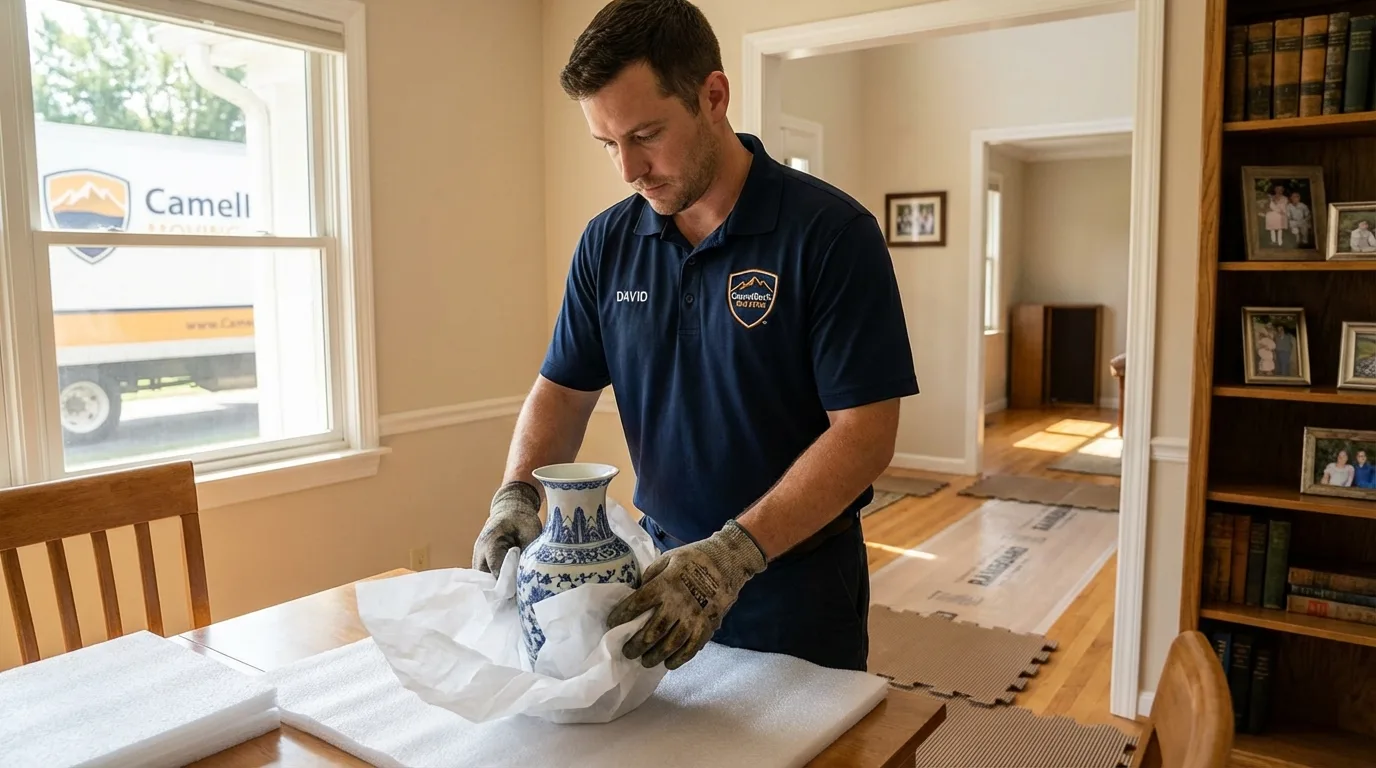 Professional crew carefully wrapping antique vase for senior downsizing move in Vernon Hills, IL